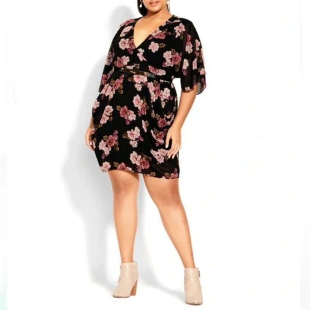City Chic Ashley Dress Size 12 NWT Black Floral Faux Wrap Belted Mini